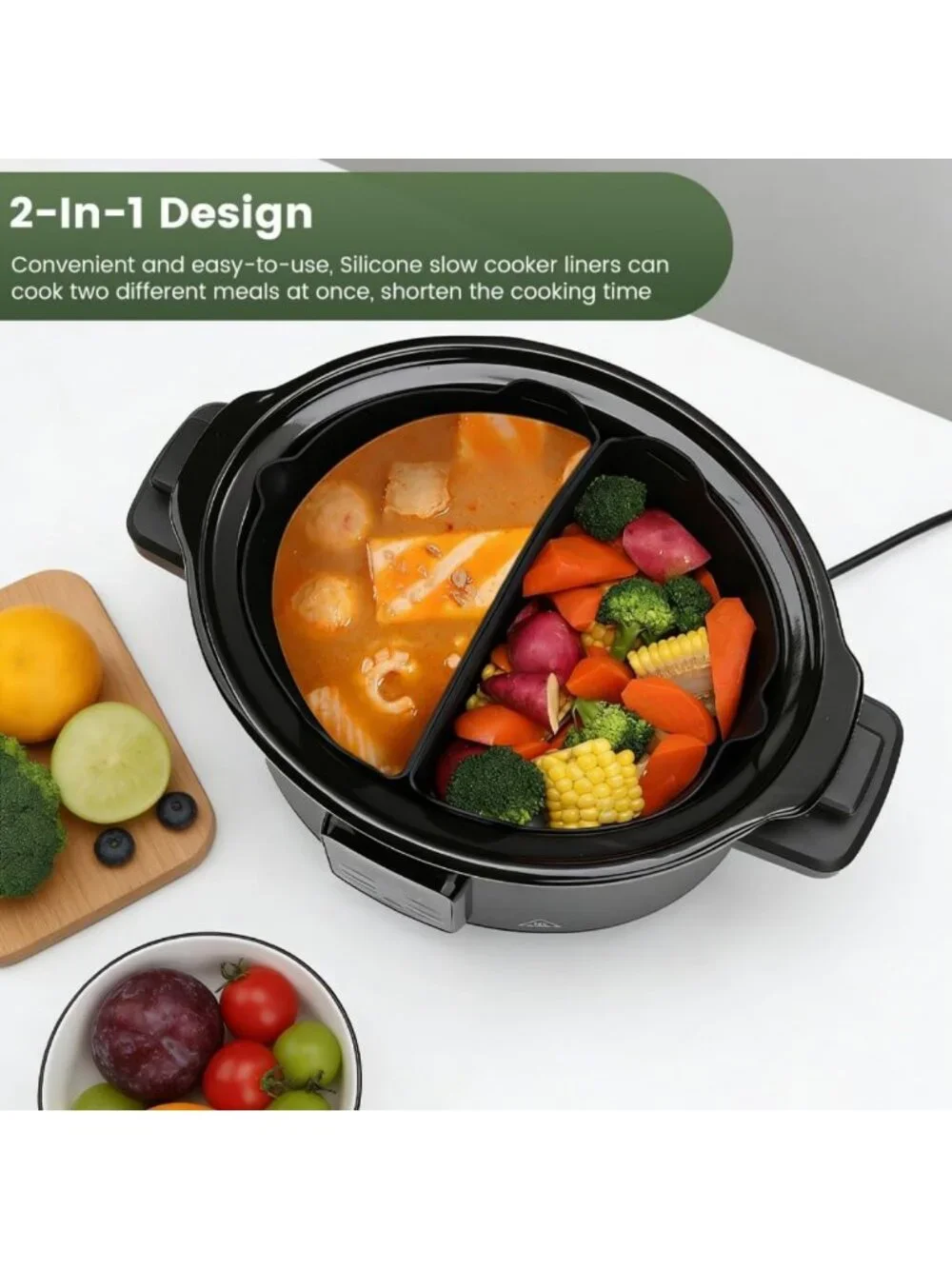 Reusable Silicone Slow Cooker Liners, 6-7 Quart Divider for Two Meals, BPA Free